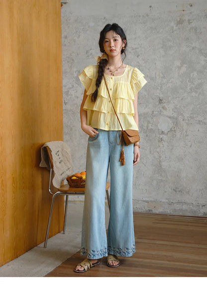 Butterfly Sleeve Chiffon Shirt Women's 2025 Summer New Women's Clothing Retro Square Neck Button Casual Shirt MXD30X1488