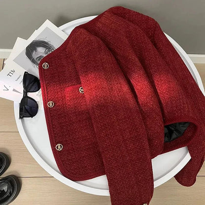 Spring Autumn New Single Breasted Pockets Round Neck Short Women Suit Jackets Long Sleeve Black WineRed Ladie Blazer Tops Trend
