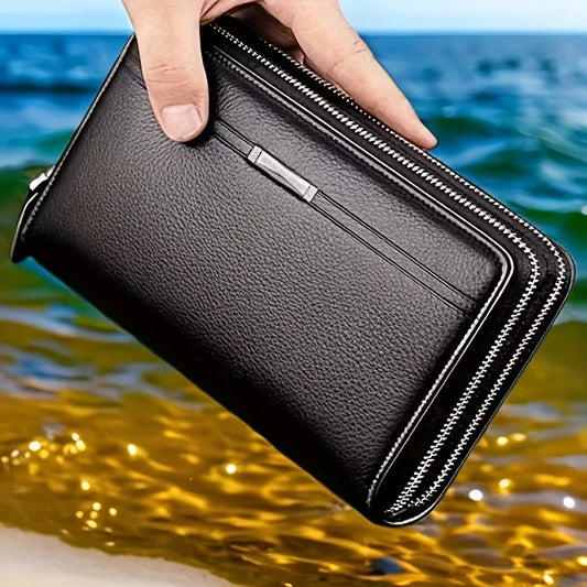 Nouveau portefeuille long multifonctionnel, portefeuille zippé en cuir, pochette d'affaires pour homme au design simple, sac pour téléphone
