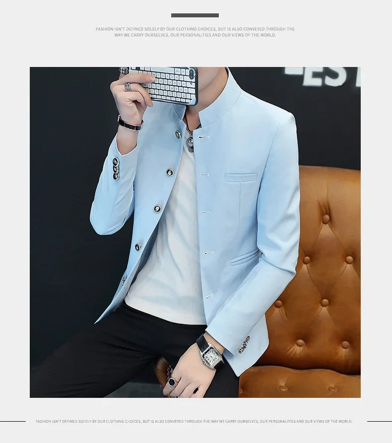 2024 Men's Slim Fit Long Sleeve Casual Suit Korean Trend Stand Collar Fashion Handsome Male Suit