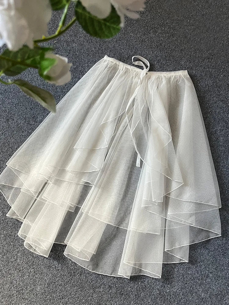 Sweet Lolita Asymmetrical Sheer Mesh Cover Up Curtain OP JSK Skirt Women Japanese Kawaii Elegant Double Layered Party Skirts