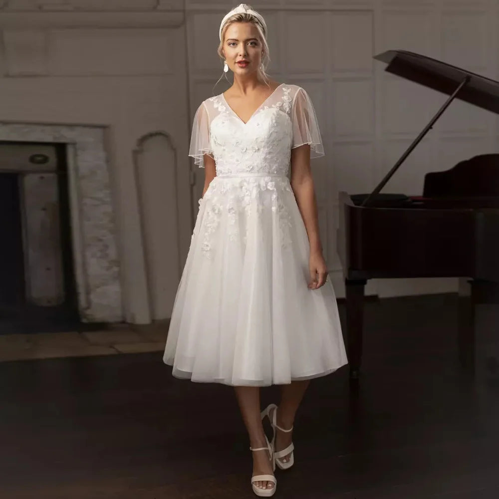 Classic Wedding Dress Tea Length Customized Short Sleeves V Neck Pearls Applique A Line Plus Size Bridal Gown for Bride