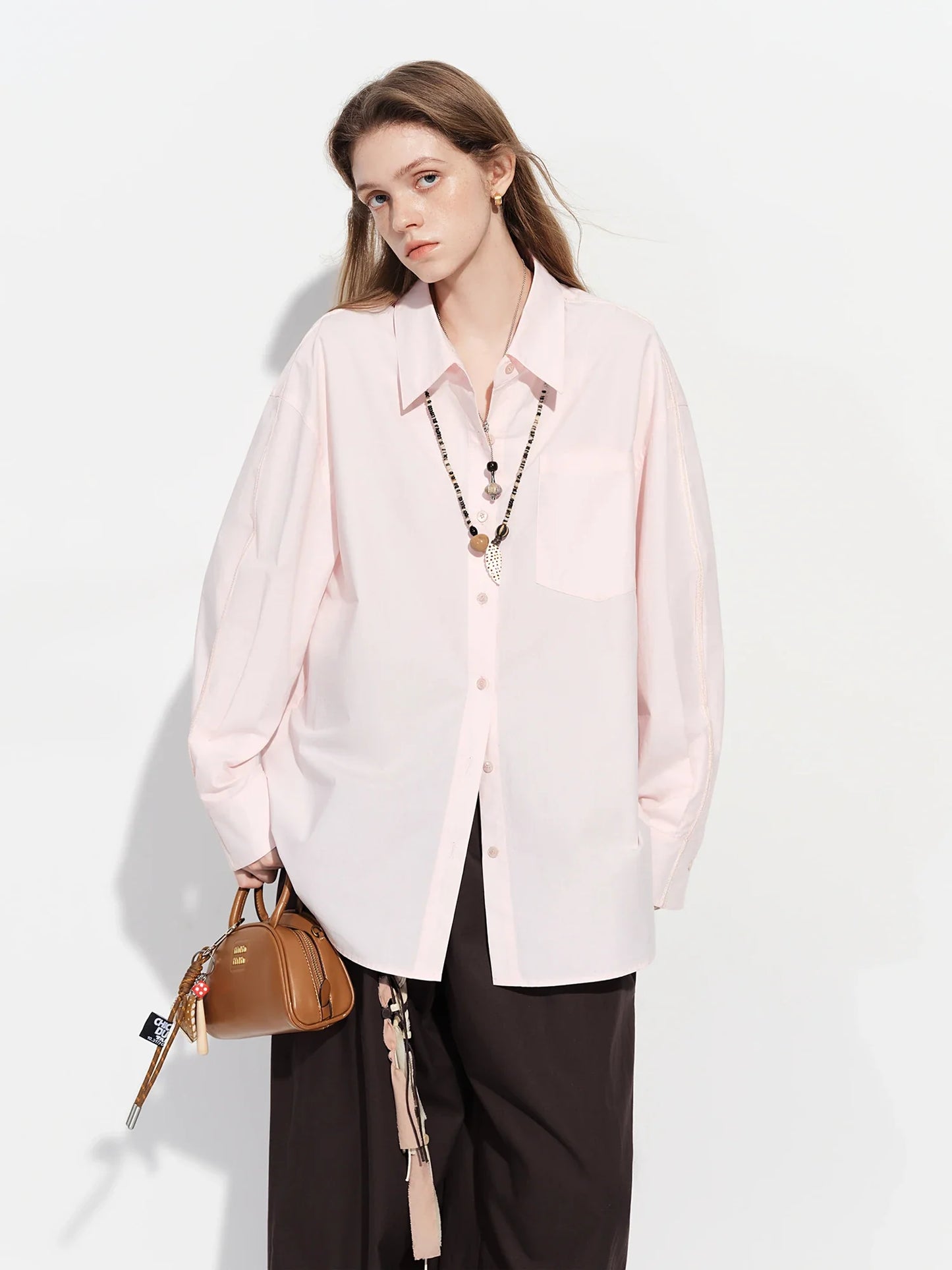 Women's French Loose Fit Cotton Shirt Long Sleeve Layering Top with Web Strap Detail Casual Oversized Blouse