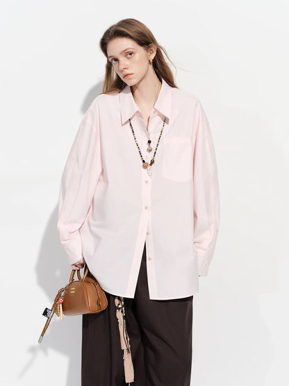 Women's French Loose Fit Cotton Shirt Long Sleeve Layering Top with Web Strap Detail Casual Oversized Blouse