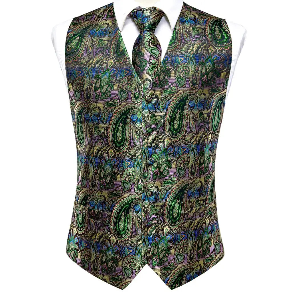 Luxury Gold Black Mens Vests Print Jacquard Waistcoat Tie Hanky Cufflinks Brooch Set for Men Wedding Formal Business Hi-Tie