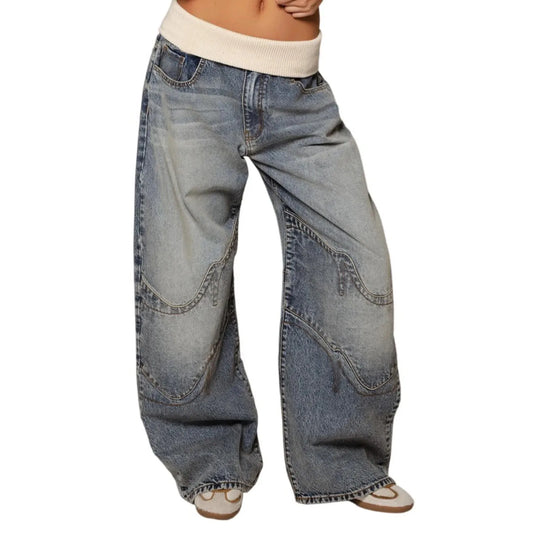 Y2K Hip-hop Stitching Fashion Joker Retro Jeans Female Korean Casual Simple Dress Essential Wide-leg Pants Loose Joker Overalls