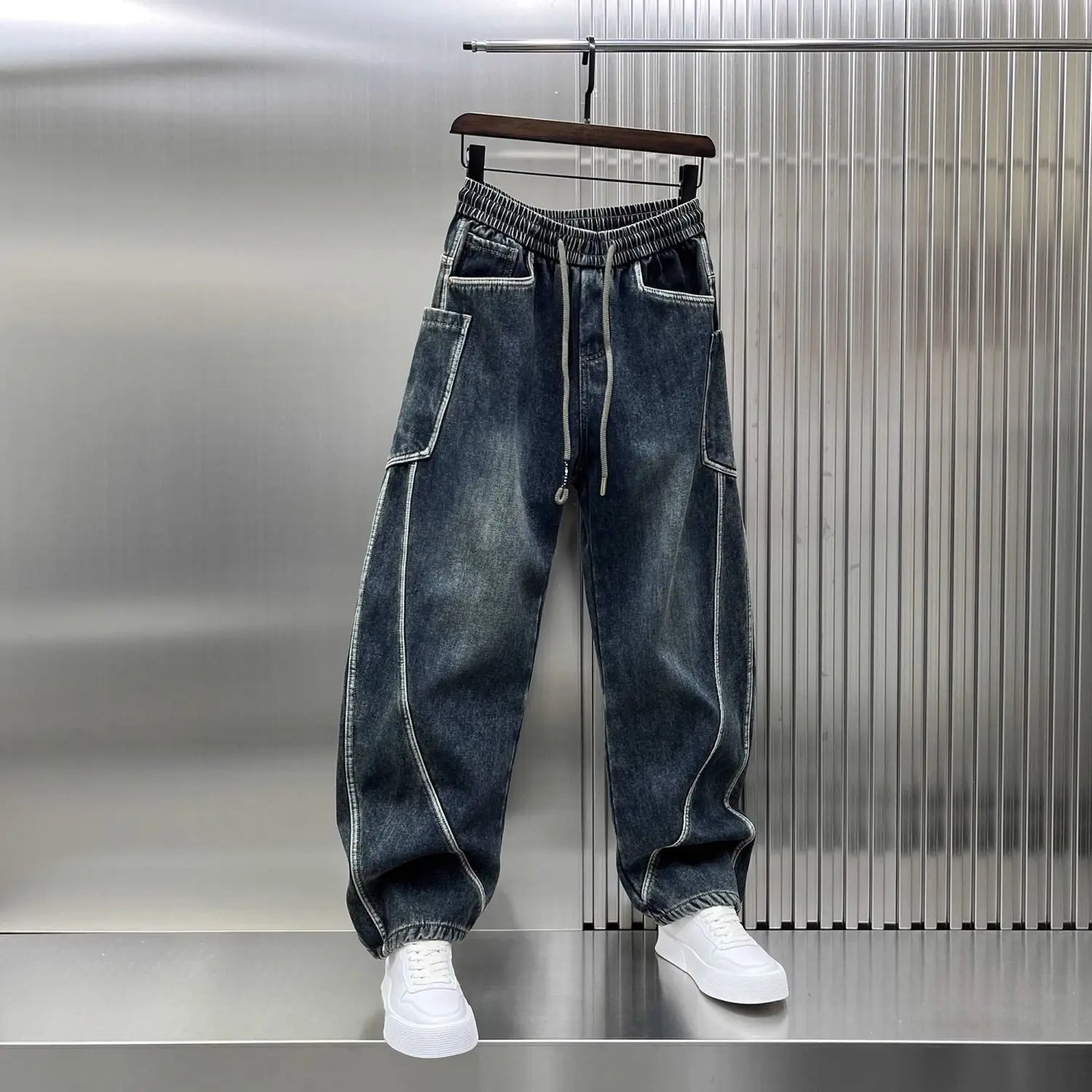 Spring Autumn 2025 New Splicing Cutting Elastic Waist Large Size Boys Washed Loose Wide Leg Big Pocket Scimitar Drawstring Jeans