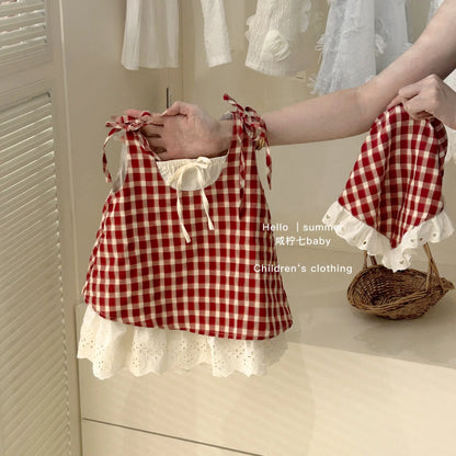 Summer Girls Casual Dresses with Hat Children's Clothing 2025 New Girls' Hollow Out Sleeveless Skirt Children's Lace Dress