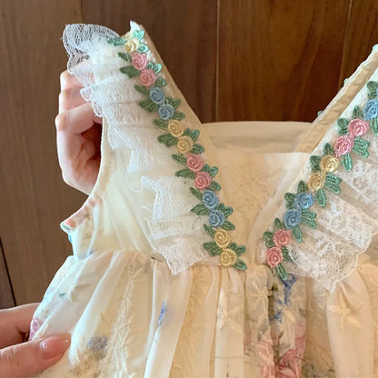 Fashion 2-7 Years Girl Print Lace Sleeveless Vest Princess Dresses Summer Beige Flower Kids Casual Clothes Korean Version