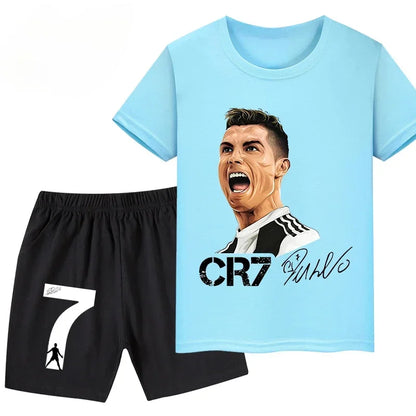 2026 Ronaldo Football Player CR7 Printed Children Clothing Casual T-shirt+Shorts 2pcs Sets Summer Kids Boys Fashion Sportsuits.