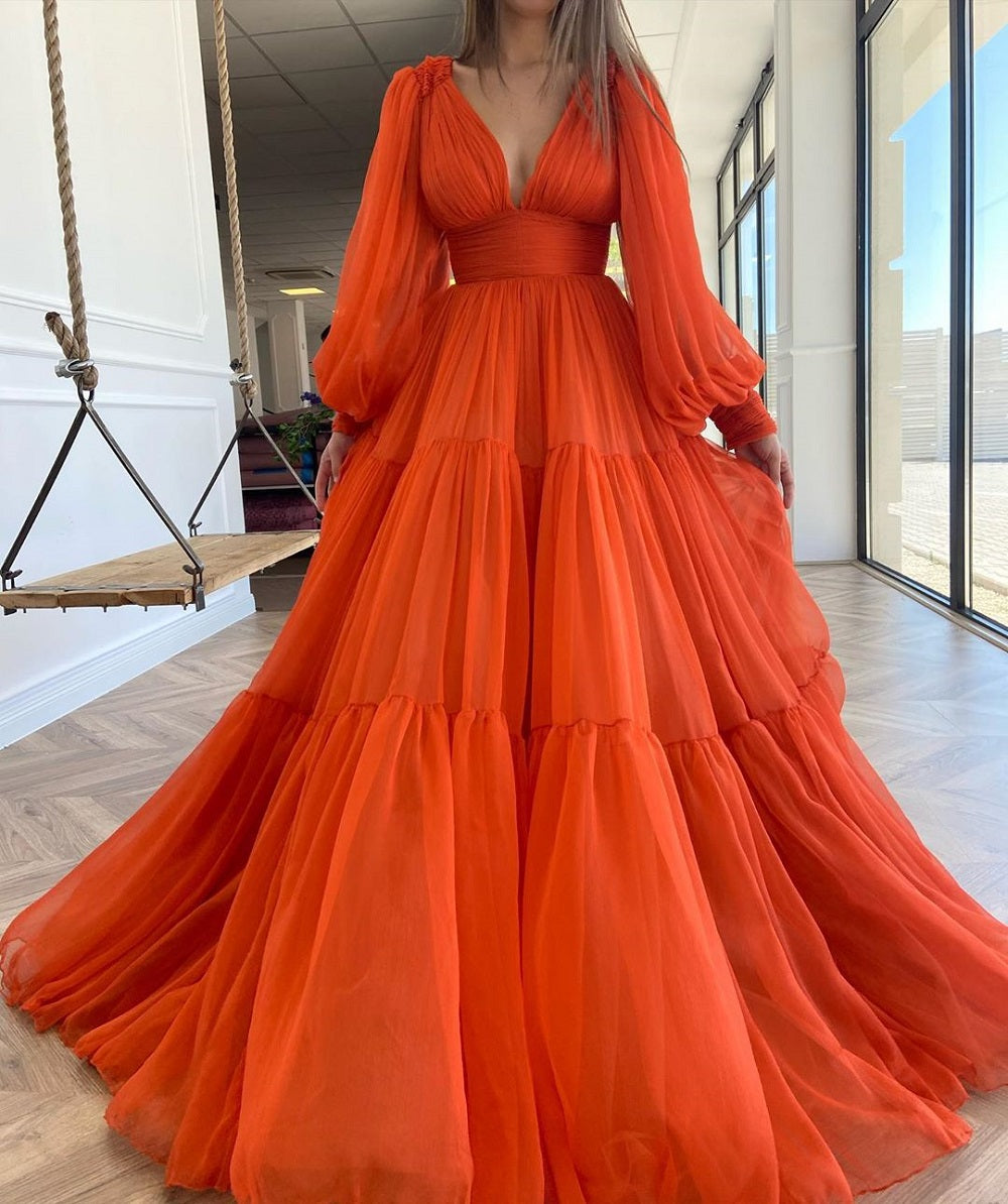Pleat Tulle Princess Prom Gown V-Neck Long Puff Sleeve Plus Size Evening Gown Elegant Dress Women for Wedding Party
