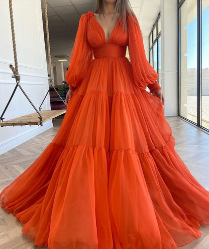 Pleat Tulle Princess Prom Gown V-Neck Long Puff Sleeve Plus Size Evening Gown Elegant Dress Women for Wedding Party