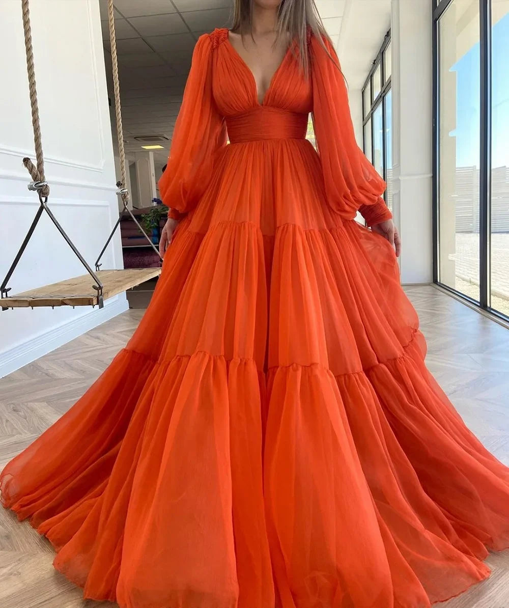 Pleat Tulle Princess Prom Gown V-Neck Long Puff Sleeve Plus Size Evening Gown Elegant Dress Women for Wedding Party