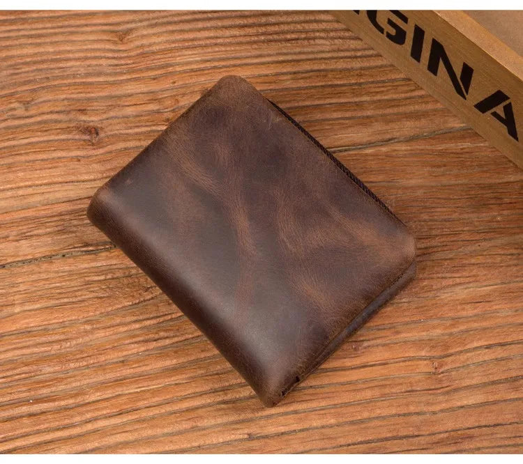 Handmade crazy horse leather wallet retro vertical zipper wallet first layer cowhide simple old wallet man