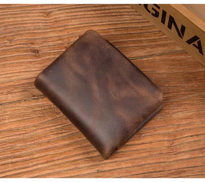 Handmade crazy horse leather wallet retro vertical zipper wallet first layer cowhide simple old wallet man