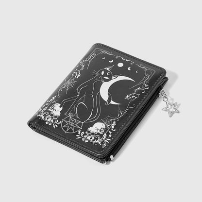 Gothic Moon & Black Cat Print Multi-Card Star Zip Short Wallet, Casual Fashion Card Holder & Coin Purse