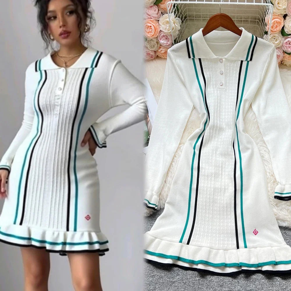Chic Fashion Sexy Package Hips Knitted Mini Dress 2026 Summer Vintage Turn-down Collar Ruffled Party Dress Streetrwear