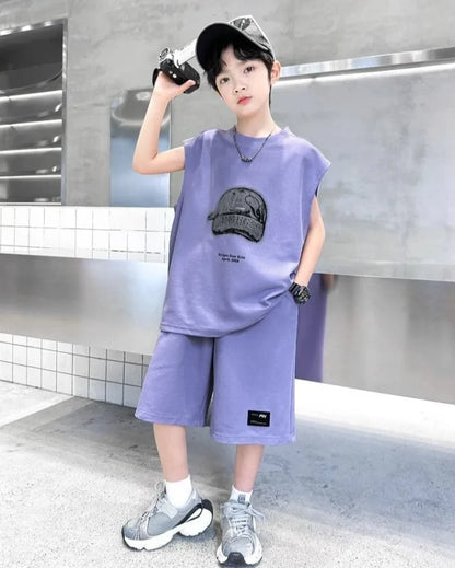 Boys' 2025 Summer New Arrival Sleeveless Two-Piece Vest & Sports Set for Big & Tall Kids