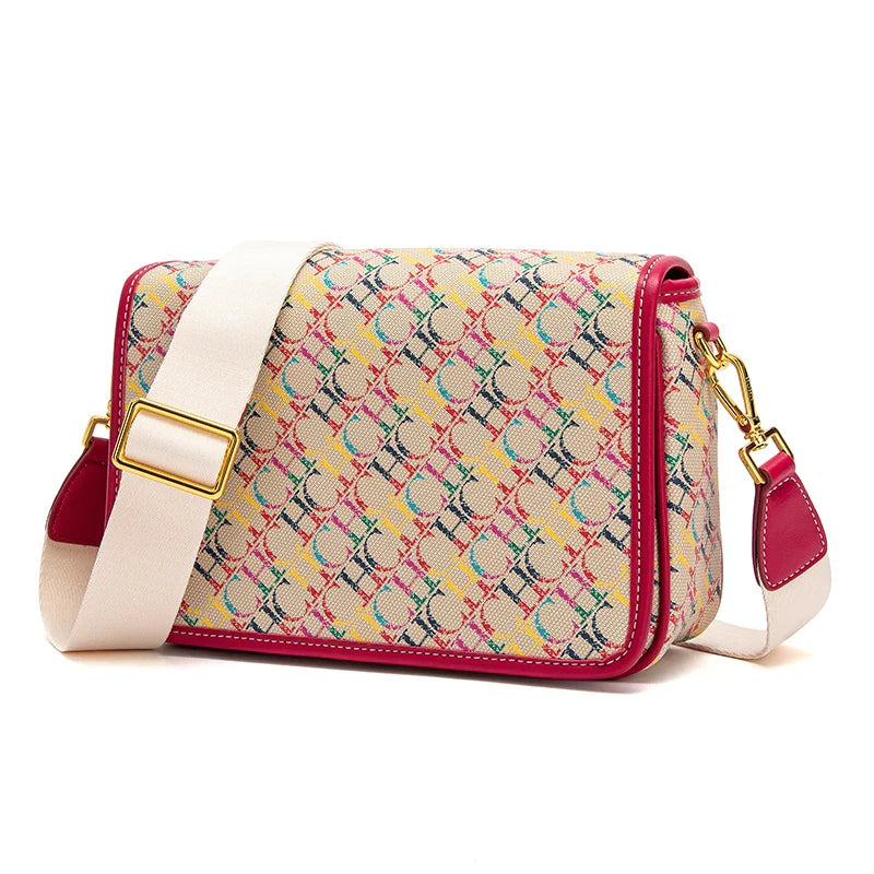Women's Saddle Bag 2024 New Brand Letter Printed Flap Cross Shoulder Bag Retro Wide Shoulder Strap Single Shoulder Bag