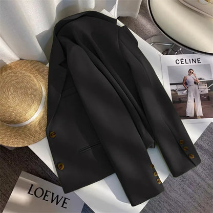 Black Cropped Blazers Woman Trend 2025 New All-match Notched Collar Crop Jacket Women Korean Chic Single Button Suit Coat Tops