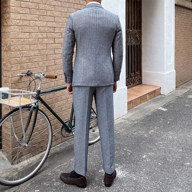 New Retro Herringbone Slim Fit Men's Suit Gentlemen's 3-piece Suit Single Breasted Handsome Autumn Winter Business Casual Formal