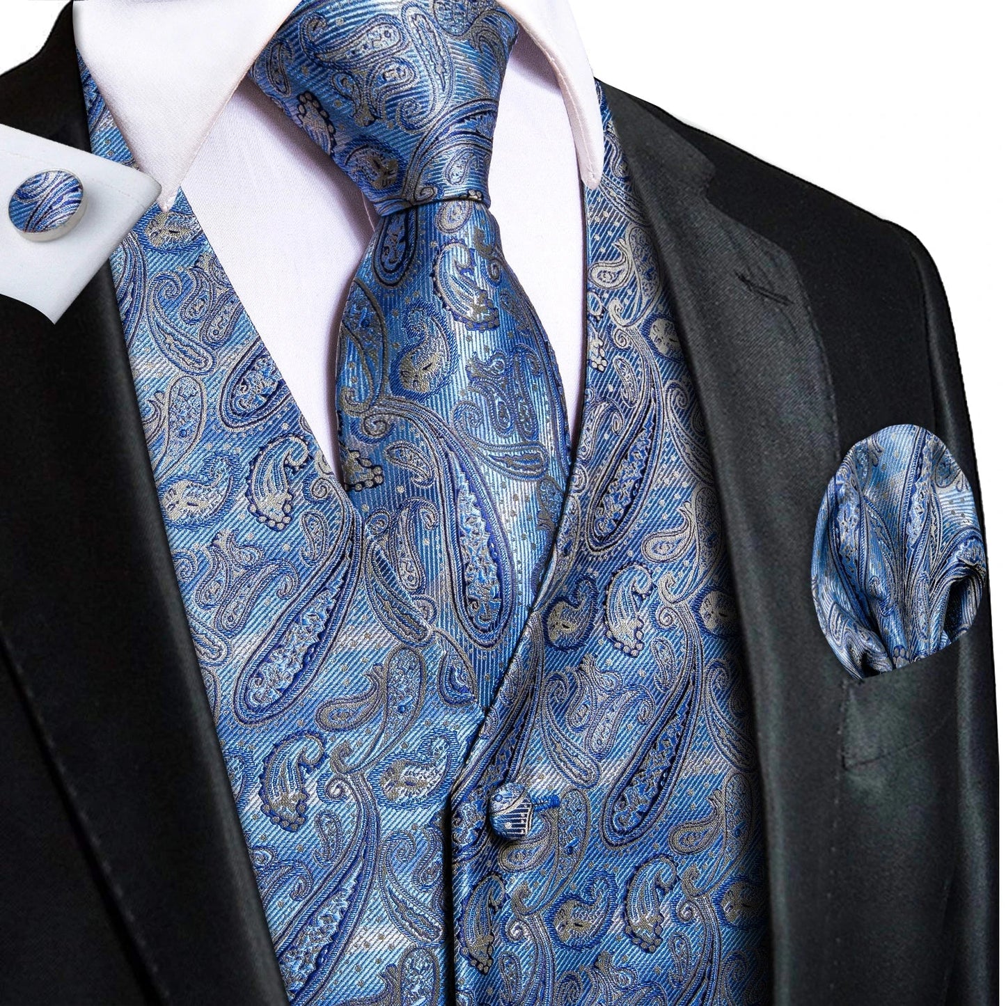 Elegant Purple Silk Mens Vests Tie Fashion Paisley Jacquard Sleeveless Jacket 4PC Hanky Cufflink Paisley Suit Waistcoats Wedding