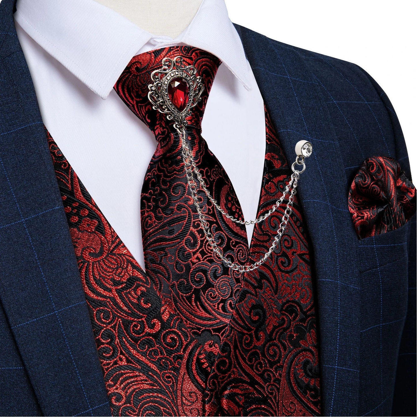 New Teal Green Paisley Formal Dress Vest Men's Suit Vest Waistcoat Tie Brooch Pocket Square Set for Tuxedo