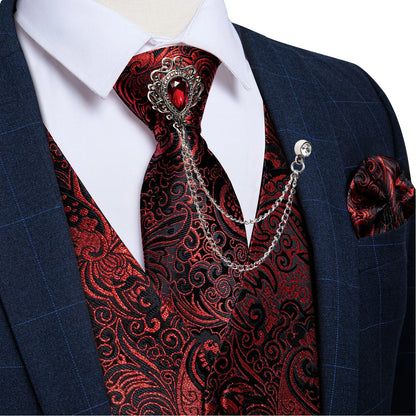 New Teal Green Paisley Formal Dress Vest Men's Suit Vest Waistcoat Tie Brooch Pocket Square Set for Tuxedo