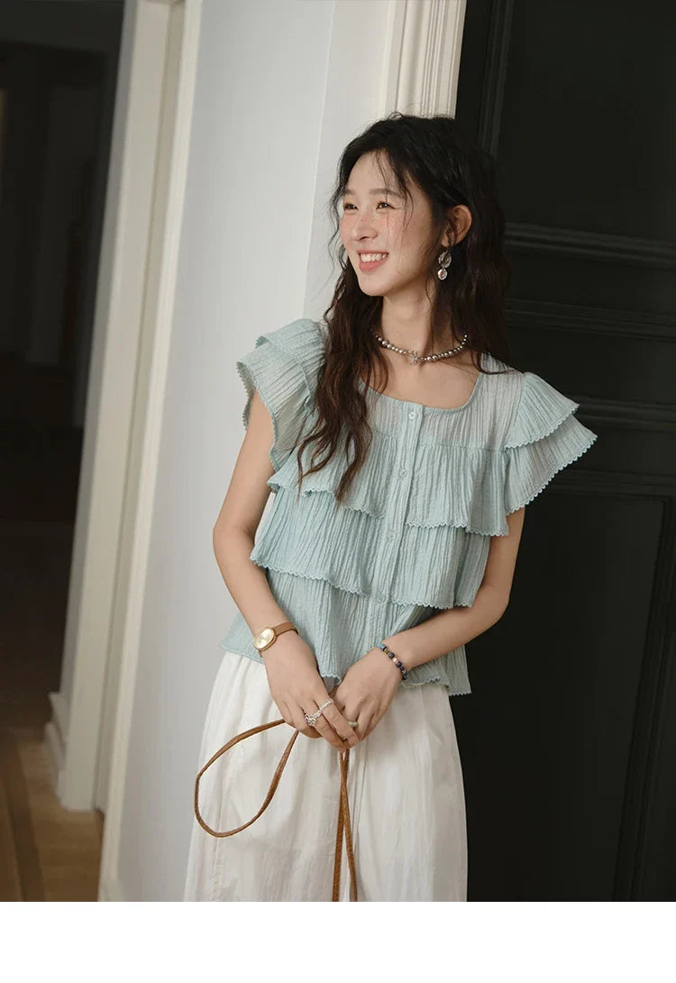 Butterfly Sleeve Chiffon Shirt Women's 2025 Summer New Women's Clothing Retro Square Neck Button Casual Shirt MXD30X1488