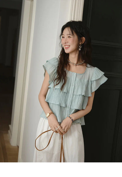 Butterfly Sleeve Chiffon Shirt Women's 2025 Summer New Women's Clothing Retro Square Neck Button Casual Shirt MXD30X1488