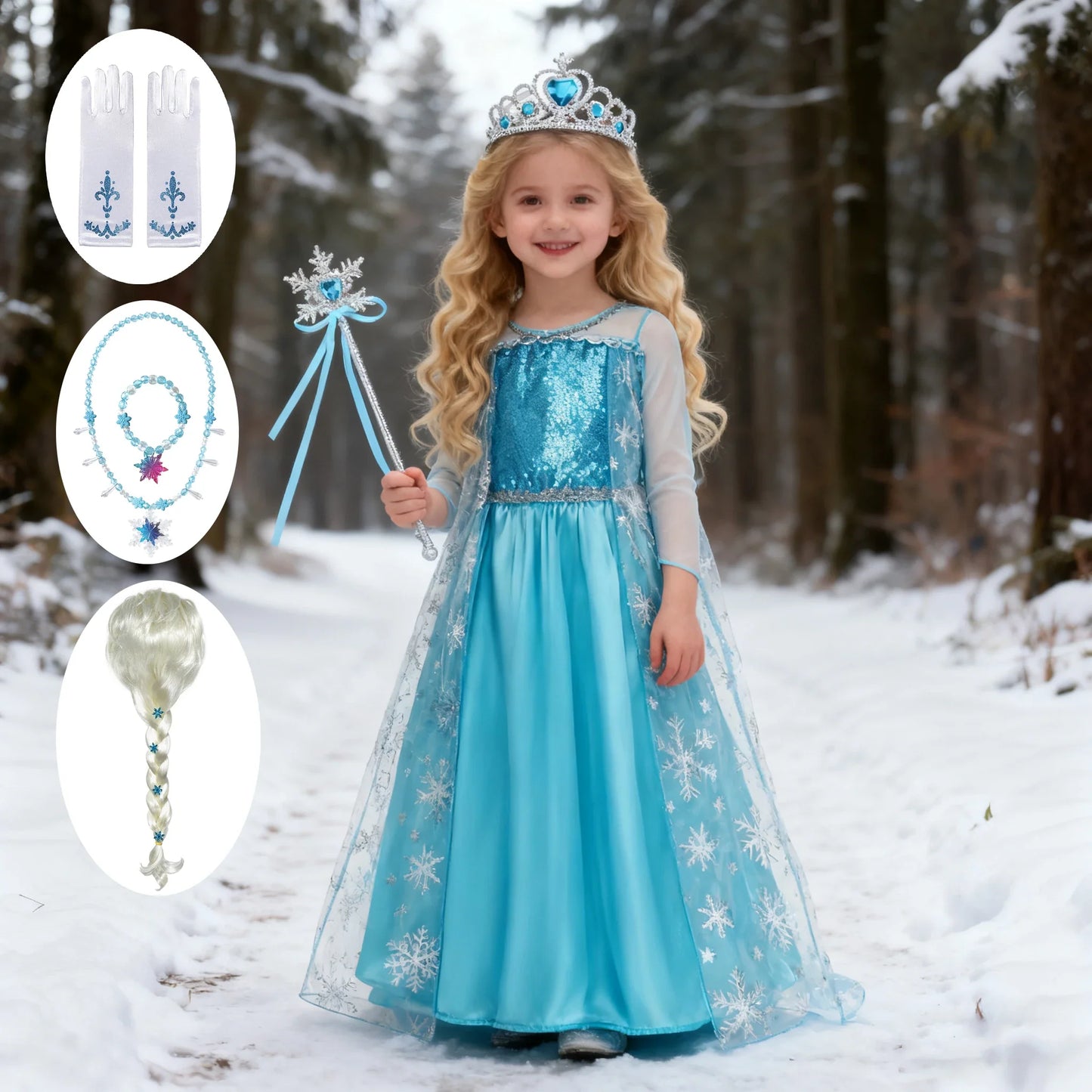Girls Cosplay Snow Queen Elsa Snowflake Cape Costumes Kids Carnival Party Prom Gown Children Clothes Elsa Princess Dresses