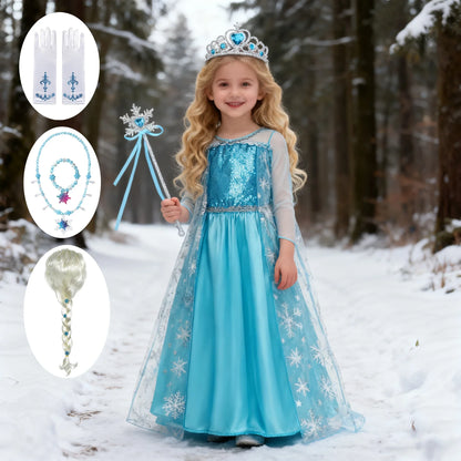 Girls Cosplay Snow Queen Elsa Snowflake Cape Costumes Kids Carnival Party Prom Gown Children Clothes Elsa Princess Dresses