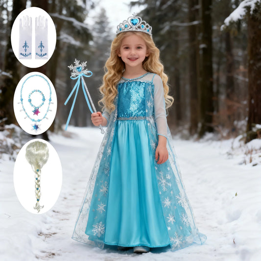 Girls Cosplay Snow Queen Elsa Snowflake Cape Costumes Kids Carnival Party Prom Gown Children Clothes Elsa Princess Dresses