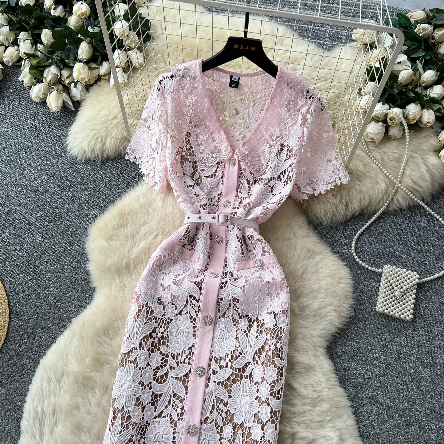 Classy Vintage Flower Lace Dress Office Lady Hollow Out Sashes Short Sleeve Bodycon French Senior Straight Long Dress