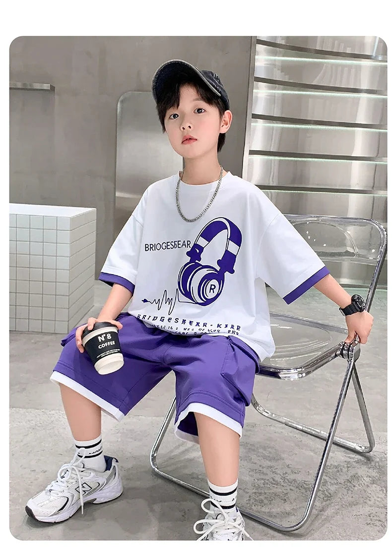 Fashion Stylish Kids Boys Top and Bottom Set Summer Tracksuit Streetwear Children New Trend Short Sleeve Clothes Suit Age 5-14 Y