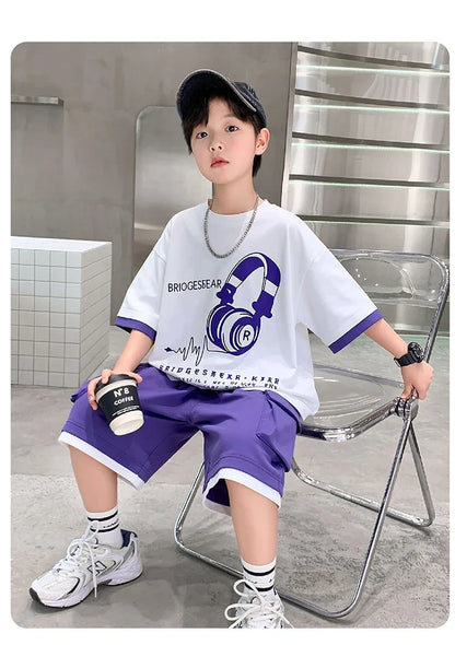 Fashion Stylish Kids Boys Top and Bottom Set Summer Tracksuit Streetwear Children New Trend Short Sleeve Clothes Suit Age 5-14 Y