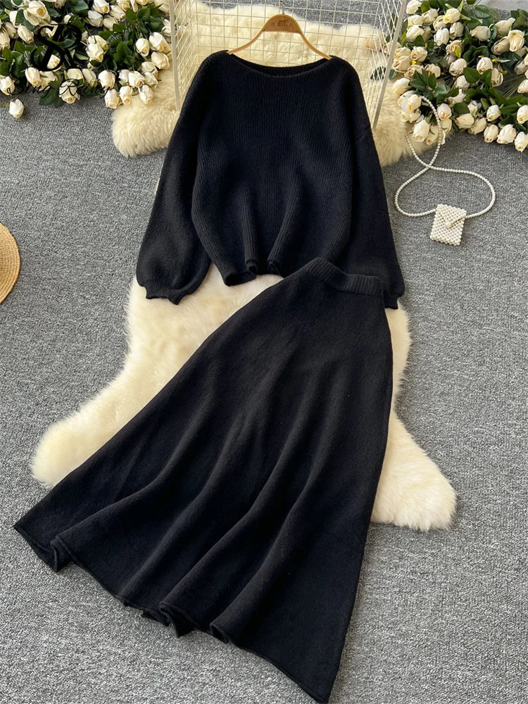 Autumn Casual Two Pieces Sets Women O-Neck Loose Knitting Top+Elastic Waist Large Swing Skirt Basic Korean Winter Sets