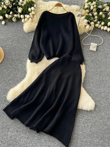 Autumn Casual Two Pieces Sets Women O-Neck Loose Knitting Top+Elastic Waist Large Swing Skirt Basic Korean Winter Sets