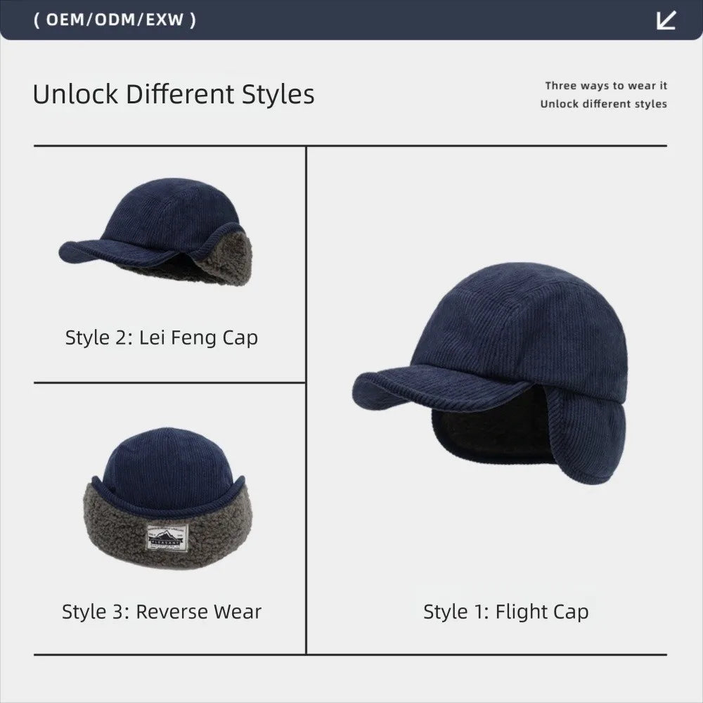 Versatile Retro Bomber Hats Fleece-Lined Warm Corduroy Caps Windproof Earflap Lei Feng Caps Autumn Winter Men Women Wear