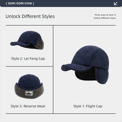 Versatile Retro Bomber Hats Fleece-Lined Warm Corduroy Caps Windproof Earflap Lei Feng Caps Autumn Winter Men Women Wear
