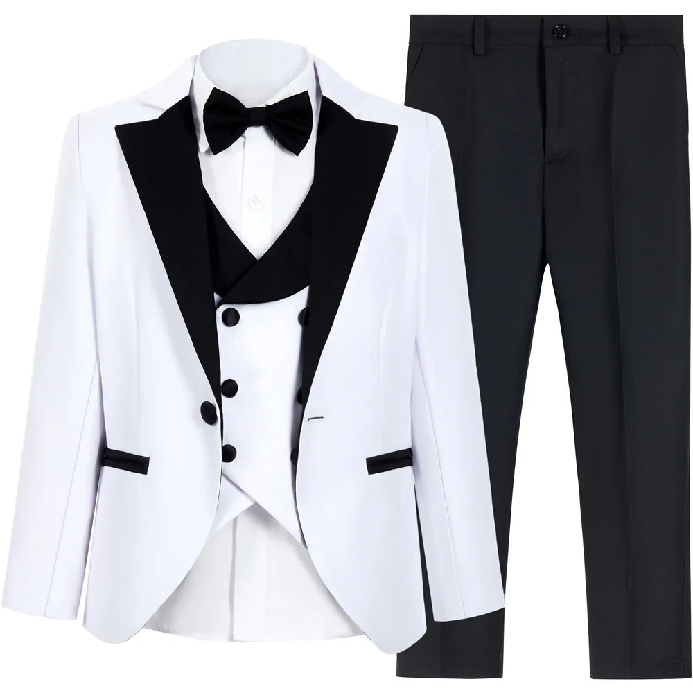 Brand Suit Set for Boys 3-14 Yrs, Classic Black Collar Suit Jacket Vest Pants Bowtie Set, Communion Party Suits Toddler