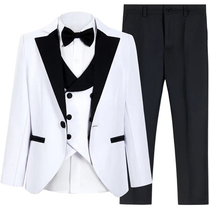 Brand Suit Set for Boys 3-14 Yrs, Classic Black Collar Suit Jacket Vest Pants Bowtie Set, Communion Party Suits Toddler