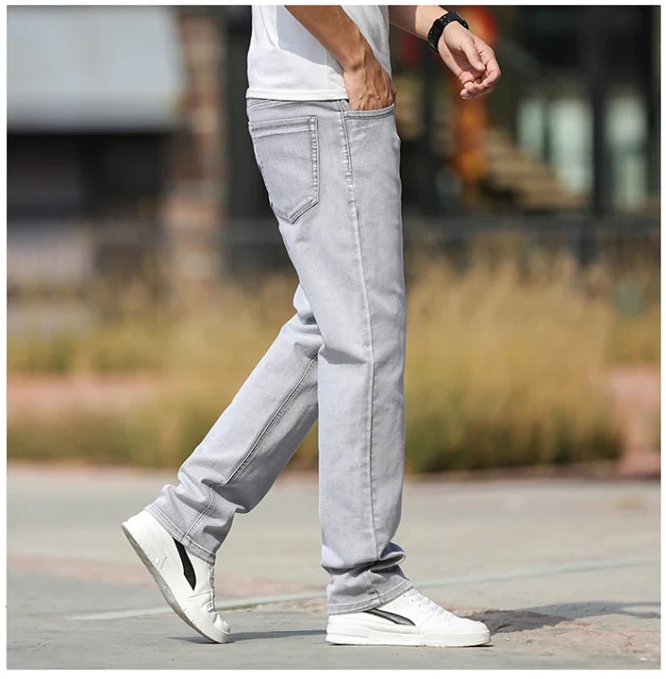 2026 Summer Brand New Men's Straight Loose Thin Jeans Simple Casual Clothing Lightweight Cotton Stretch Light Grey Jeans