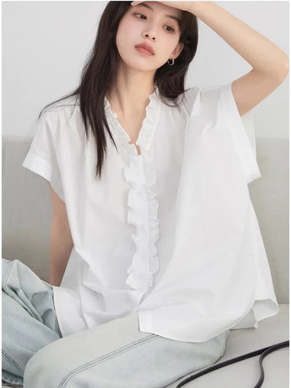 Women Shirts Loose Casual Cotton Ruffled Edge White Short Sleeved Shirt Female Blouses for Woman Summer 2025