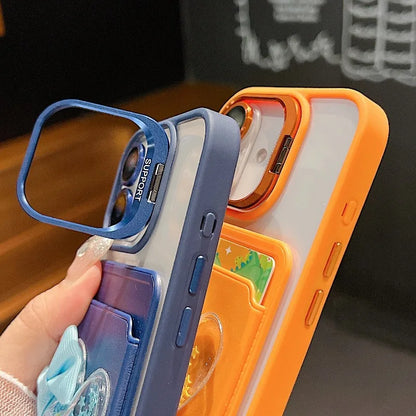 Luxury Metal Stand Exquisite Heart Card Bag Shock Proof Case for iPhone 17 16 15 14 13 12ProMax Plus Send camera protective film