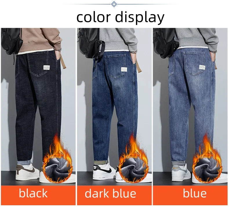 Winter Dark Blue Fleece Jeans for Men Black Loose Straight Casual Trendy Comfortable Versatile Youth Thickened Harem Pants Blue