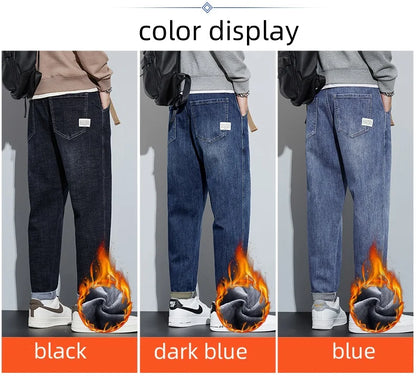 Winter Dark Blue Fleece Jeans for Men Black Loose Straight Casual Trendy Comfortable Versatile Youth Thickened Harem Pants Blue