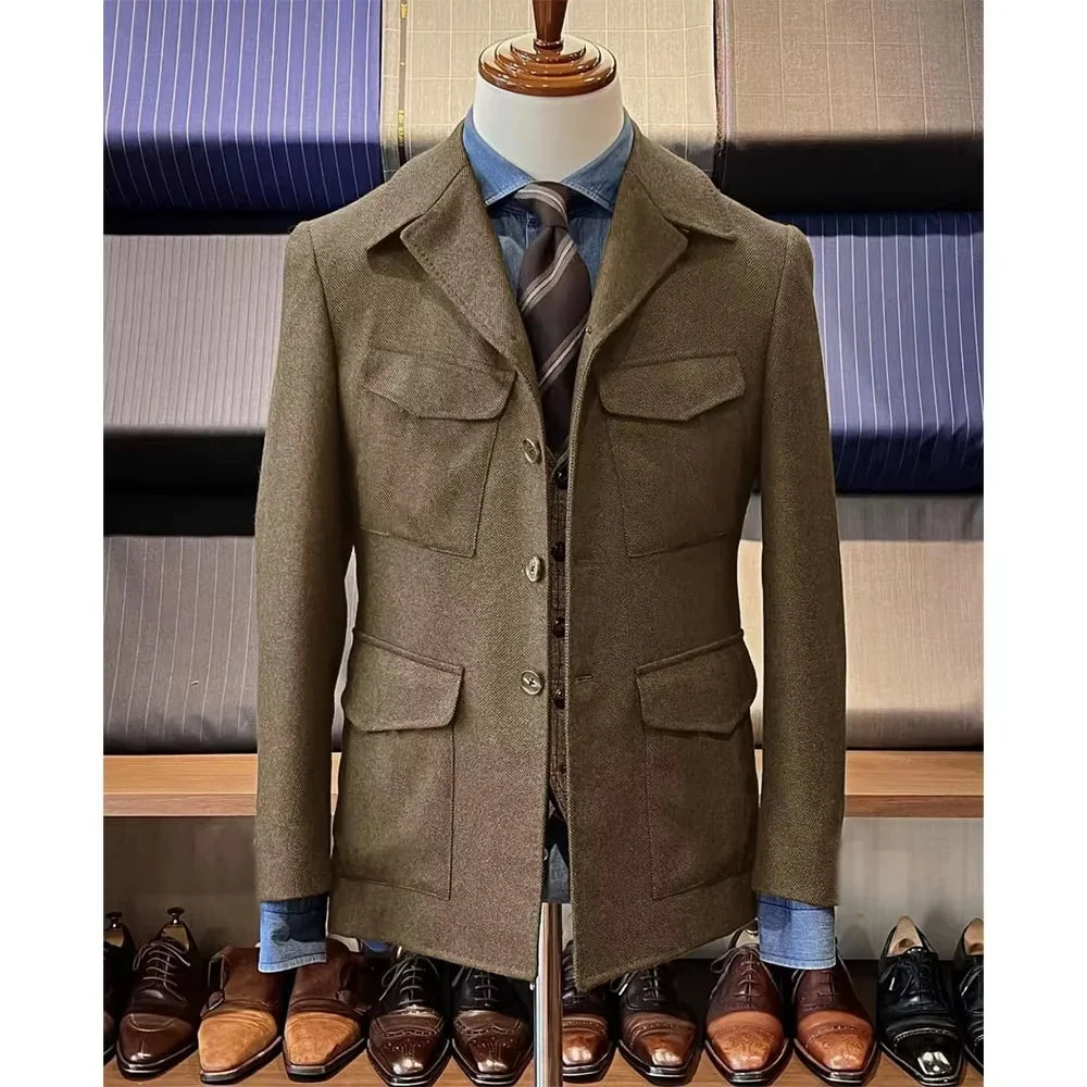 Men's Herringbone Hunting Jacket Casual 4 Pockets Fashion Design Vintage Tweed Blazers Blazer Single Breasted Comfortable Work