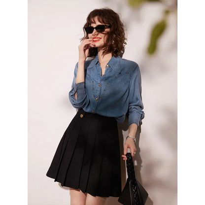 2024 Spring and Autumn Small Collar Wave Split Denim Shirt Fashion Rivet Decoration Long Sleeve Women's Shirt