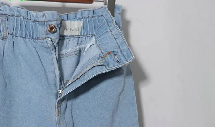 Casual High Waist Cotton Stretch Denim Capri Pants with Pleated Hem Elastic Waist Ladies Faion Spring Autumn Wear